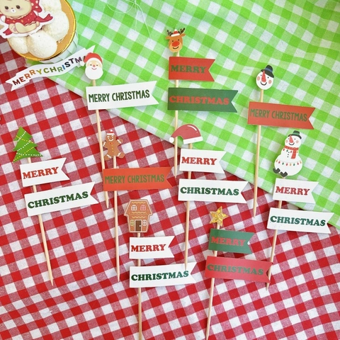 Christmas Cake Toppers Santa Claus Snowman Reindeer Gingerbread Man Paper Flags Wood Sticks Xmas Party Decoration