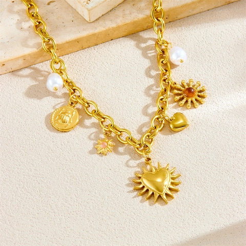 Vintage Gold Plated Stainless Steel Pendant Necklace With Artificial Pearl Beetle Coin Heart Sun Charms For Women Boho Style