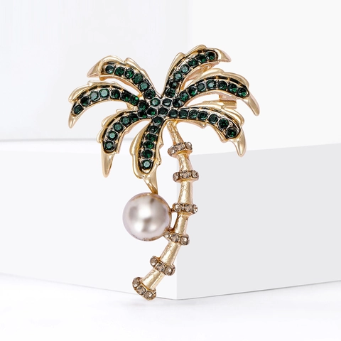 Broche Cocotier Tropical Sertie de Strass Verts Alliage Palmier Broche Avec Faux Perle Pour Femme Mode Foulard Boucle Accessoire