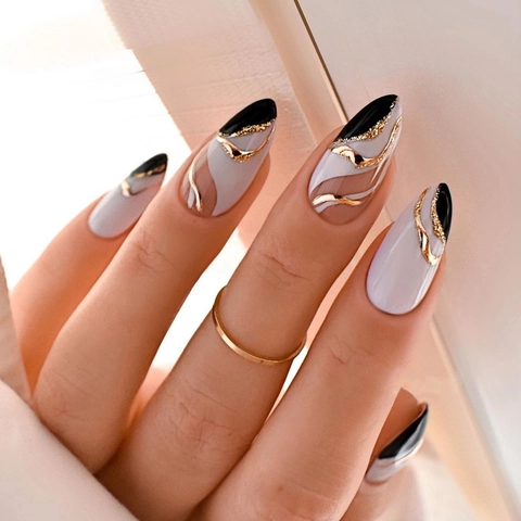 Almond Press On Nails French Tip Gold Wave Lines Foil Design Elegant Glossy False Nails For Women
