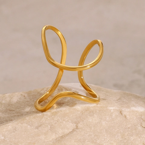 Minimalist Irregular Wave Ring Stainless Steel 18K Gold Plated Open Adjustable Geometric Jewelry For Women