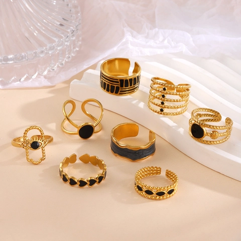 Stainless Steel Geometric Heart Ring Gold Plated Black Enamel Open Adjustable Fashion Jewelry For Women Retro Style