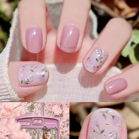 Press On Nails Short Square Purple Floral Pattern Fine Shimmer Fake Nails For Women Girl Sweet Style Manicure