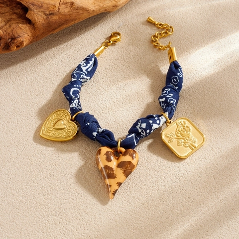 Bracciale In Acciaio Inossidabile Avvolto In Tessuto Floreale Blu Cuore Placcato Oro Rosa Quadrato Leopardo Ciondoli Resina Boho