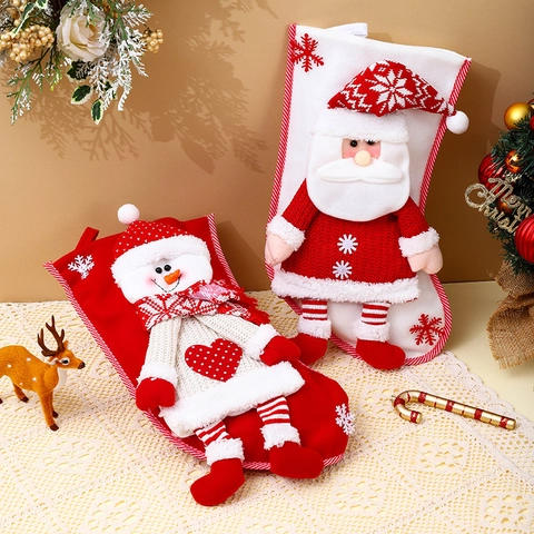 Knitted Christmas Stocking With 3D Santa Snowman Plush Felt Hanging Gift Bag Candy Pouch Holiday Party Home Decor