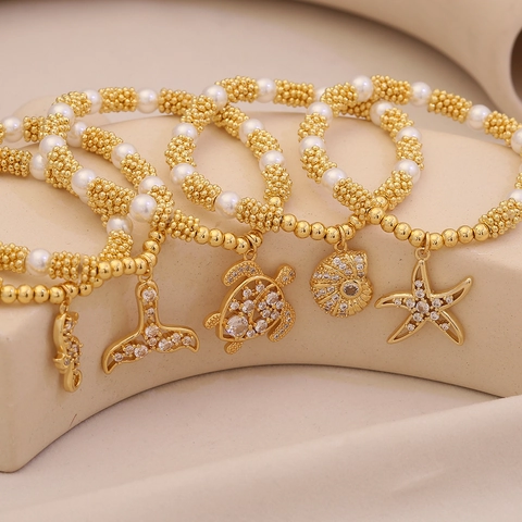 Pulsera De Cuentas Temática Oceánica Para Mujer Con Dijes De Cobre Circonitas Y Perlas Artificiales De Imitación Tortuga Marina Y Caballito