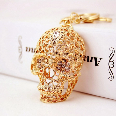 Llavero de Calavera Gótica Punk Aleación de Zinc Diamantes de Imitación Incrustados Colgante de Bolso para Coche Regalo