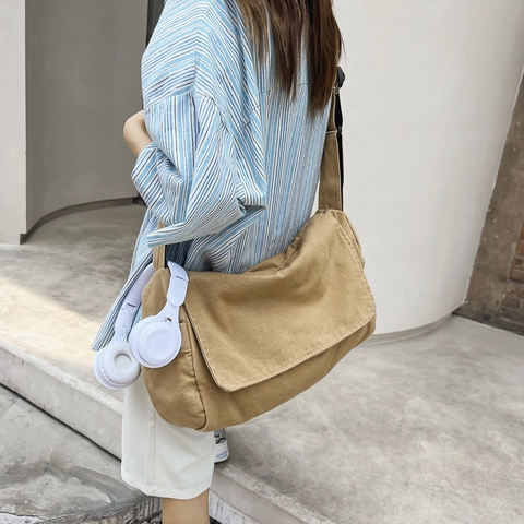 Large Capacity Canvas Crossbody Messenger Bag For Women Japanese Retro Style Casual Shoulder Bag Adjustable Strap