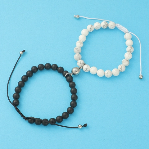 Magnetische Pärchen Armbänder Naturstein Schwarzer Achat Weißer Türkis Edelstahl Verstellbarer Beziehungsschmuck