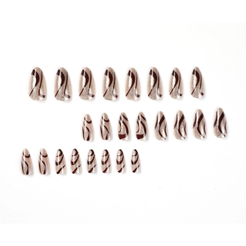 Brown Wave Almond Press On Nails With Golden Glitter Long Artificial False Nails For Women
