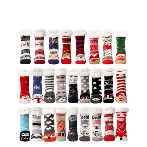 Fleecegefütterte Hausschuhsocken Rutschfest Dick Strick Warm Haus Bodensocken Weihnachten Cartoon Tiermuster Damen