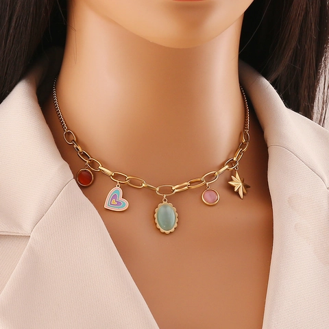 Stainless Steel Pendant Necklace Gold Plated Colorful Cat Eye Stone Evil Eye Heart Charms Bohemian Style Jewelry