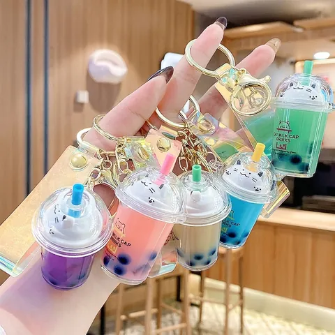 Portachiavi Tazza Di Tè Al Latte Gatto Con Künstliche Perle Liquide Galleggianti Acrilico Plastica Bottiglia Miniatura Cinturino Olografico