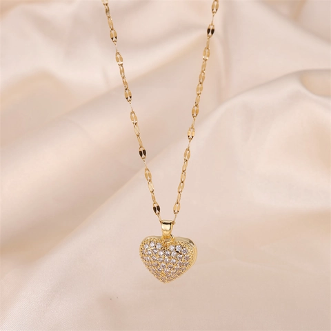 Herz Medaillon Anhänger Halskette Edelstahl 18K Vergoldet Zirkonia Muschelperle Schlüsselbein Kette Für Damen