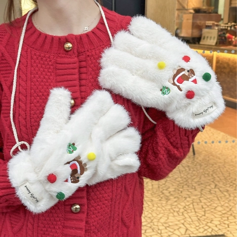 Guanti In Peluche Invernali Pelliccia Sintetica Caldi Antivento Natale Bassotto Orso Ricamo Pom Poms Con Cordino Donne Uomini