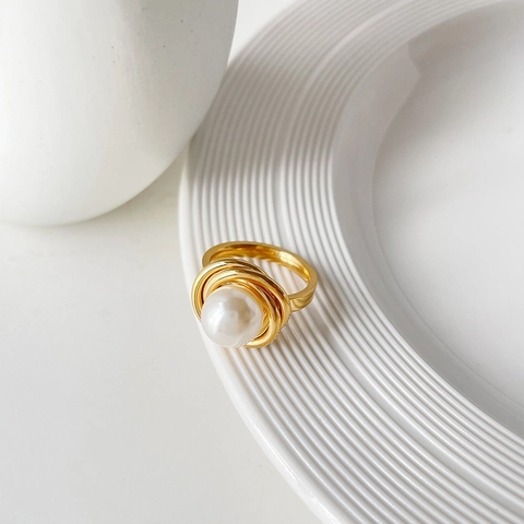 Vintage Stainless Steel Multi Layer Wrap Ring For Women With Large Artificial Pearl Elegant Gold Plated Fashion Jewelry