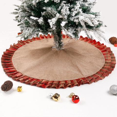 Christmas Tree Skirt Burlap Flax With Red Green Plaid Ruffled Edge Traditional Scottish Style Home Holiday Decor