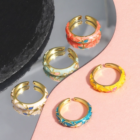 Anello Aperto Regolabile Smalto Fiore Farfalla Rame Placcato Oro Colorato Dolce Gioielli Vintage Donna