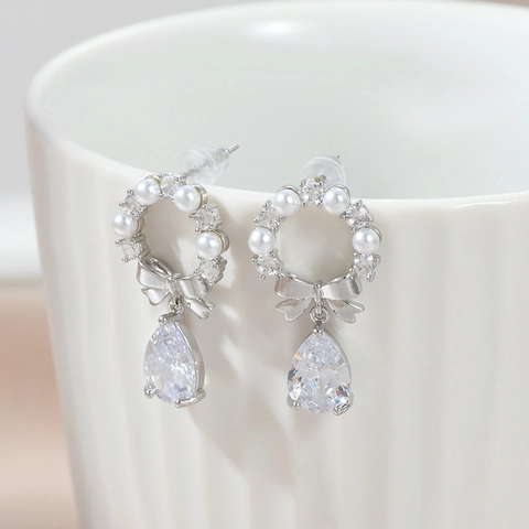 Orecchini Pendenti Con Fiocco Goccia D'acqua Con Rame Zircone Perla Artificial E Perno In Argento Sterling 925 Donna Gioielli Eleganti