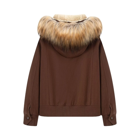 Women Hooded Puffer Jacket With Faux Fur Collar Fleece Lined Workwear Coat Winter Casual Outwear Brown