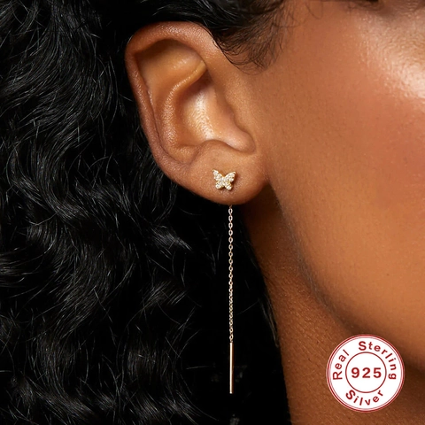 Pendientes de Borla de Mariposa de Plata de Ley 925 para Mujer Pendientes Lineales de Cadena Larga de Circonita Brillante