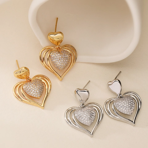 Heart Drop Earrings Gold Plated Copper With Zircon Double Layer Sparkling Dangle Jewelry For Women INS Style Luxury