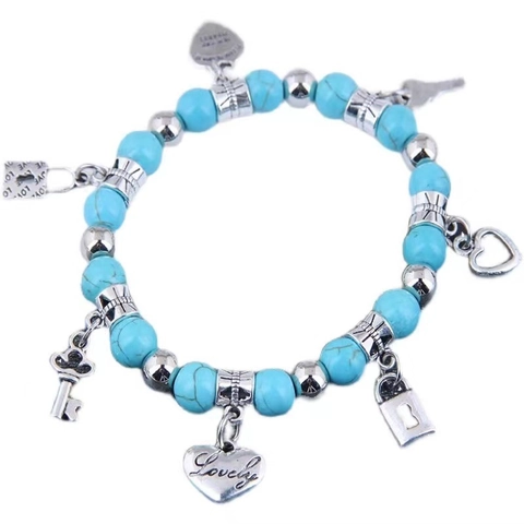 Böhmisches Perlenarmband Für Damen Türkis Stein Legierung Herz Schlüssel Schloss Anhänger Elastischer Retro Modeschmuck