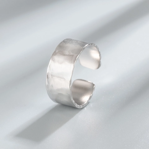 S925 Sterling Silver Wide Irregular Hammered Open Ring For Women Minimalist Adjustable Geometric Band Fashion Finger Jewelry