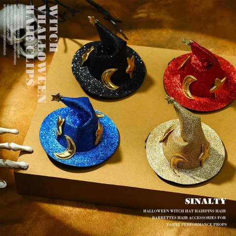 Mini Fermagli Per Capelli Cappello Da Strega Paillettes Tessuto Non Tessuto Con Stella Luna Oro Per Halloween Festa Cosplay Ragazze Donne