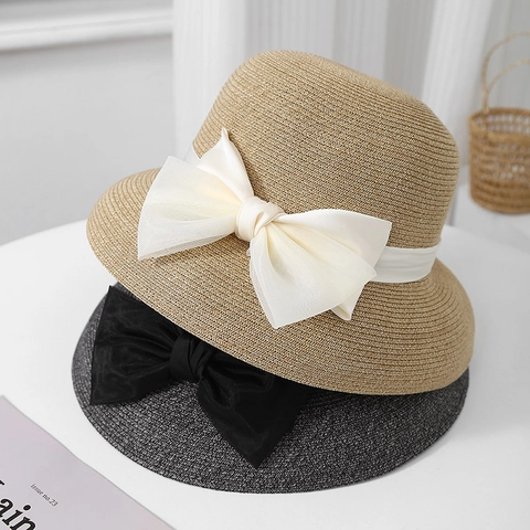 Women Straw Sun Hat Big Brim UV Protection Summer Beach Bucket Hat With Satin Ribbon Bow Breathable Foldable
