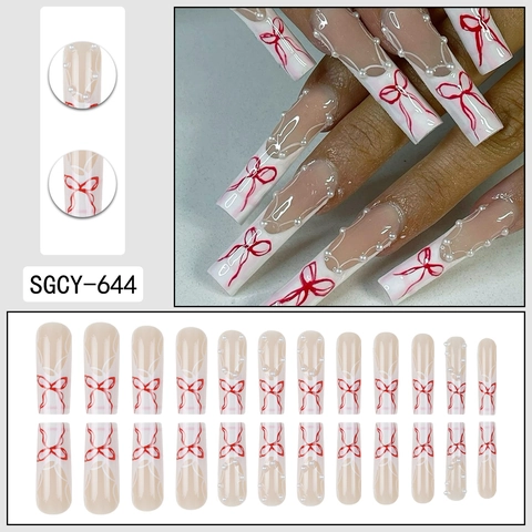 French Extra Long Square Press On Nails Red Bowknot Faux Artificial Pearl Decoration Sweet Ballerina Style Artificial Nails
