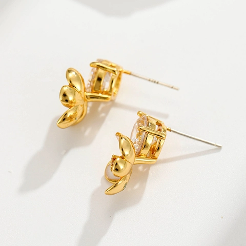 Elegant Copper Gold Plated Flower Stud Earrings With 925 Sterling Silver Post Rhinestone Enamel Floral Earrings For Women