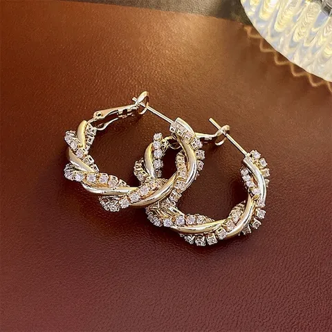 Gedraaide Creolen Met Zirkoon Ingelegd Koper En 925 Sterling Zilveren Oorbel Post Luxe Mode Sieraden