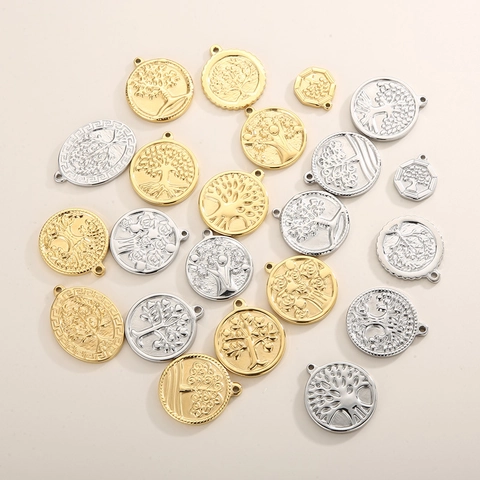 Colgantes Árbol De La Vida Acero Inoxidable Redondo Hexágono Relieve DIY Creación De Joyas Accesorios Charms Estilo Callejero Moda