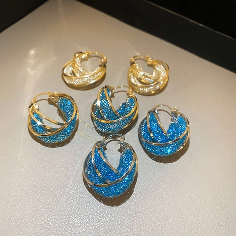 Boucles Oreilles Créoles Entrelacées Géométriques Cuivre Avec Maille Bleue Cristal Synthétique Style Français Tige Argent