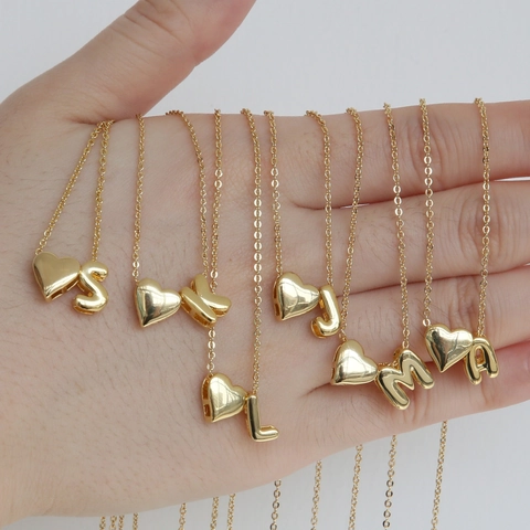 Gold Plated Brass Heart Alphabet Pendant Necklace Personalized Initial Letter A-Z Jewelry Minimalist Gift For Women