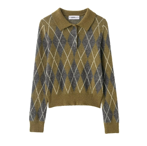 Dames Argyle Gebreide Polo Sweater Vintage Lange Mouwen Reverskraag Gebreide Top Acryl Polyester Casual