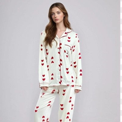 Pyjama Top En Broek Dames Hartjesprint Revers Lange Mouw Nachtkleding Polyester Elastaan Loungewear