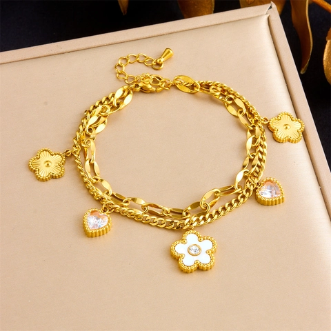 Bracciale A Strati In Acciaio Inossidabile Con Ciondoli A Fiore In Smalto E Cuore In Zircone Gioielli Donna