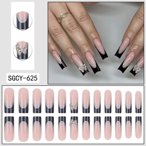 Lange Franse Press On Nagels Zwart Roze Coffin Kunstnagels Met Vlinderbedeltjes Strass Steentjes Verwijderbare Manicure Voor Dames