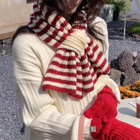 Dames Gestreepte Gebreide Sjaal Wolmix Warme Nekwarmer Cross Over Keyhole Ontwerp Casual Winter Mode