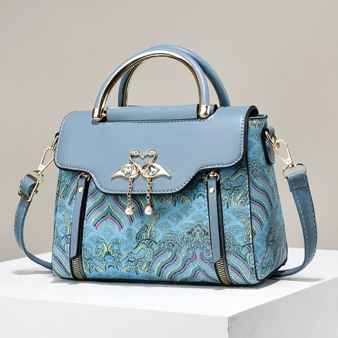 Women Handbag PU Leather Embroidery Shoulder Crossbody Bag Metal Ring Grip Swan Buckle Artificial Pearl Tassel Fashion Casual