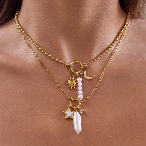 Collana Con Pendente Cuore Perla Artificial In Acciaio Inossidabile Placcato Oro 18K Zircone Stella Luna Moneta Croce Impermeabile