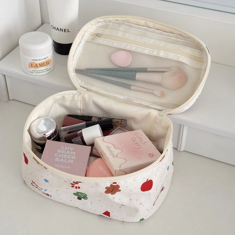 Nylon Make-Uptas Grote Capaciteit Draagbare Reis Cosmetische Koffer Gewatteerd Patroon Leuke Kerst Teckel Beer Print