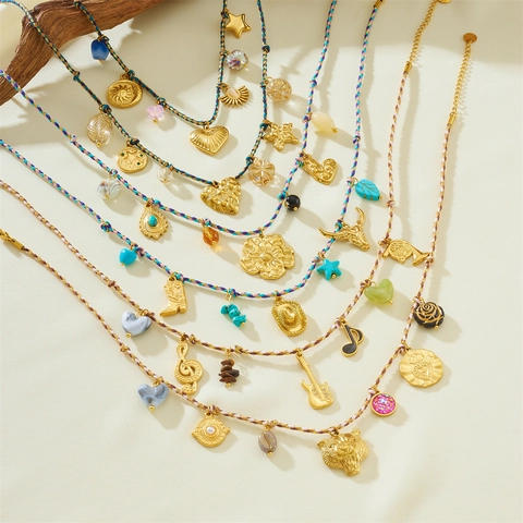 Bohemian Vintage Necklace And Bracelet Gold Plated Stainless Steel Colorful Braided Rope Multi Pendants For Women