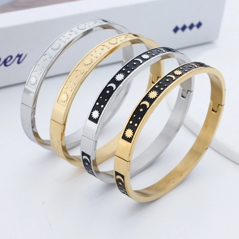 Bracciale Rigido In Acciaio Inossidabile Celeste Sole Luna Stella Smalto Vintage Bracciale Con Chiusura A Cerniera Per Donna