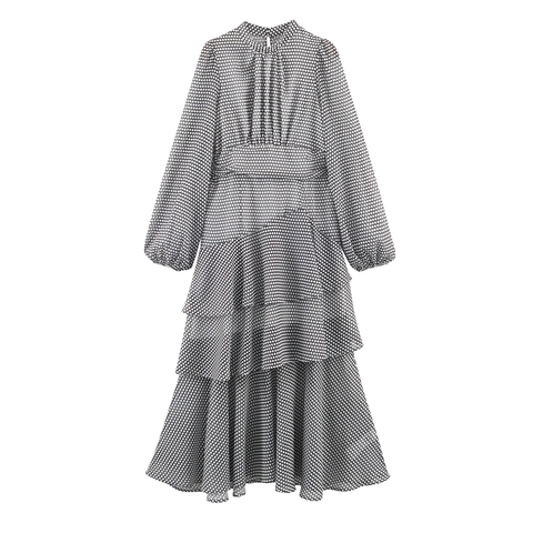 Vestito Maxi A Balze A Pois Chiffon Maniche A Lanterna Collo Alto Volant Manica Lunga Elegante Per Donna