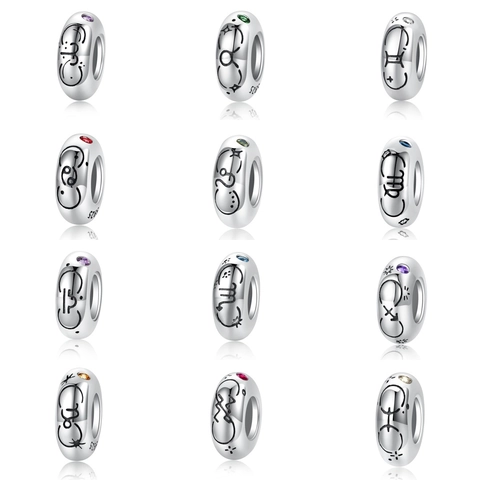 Ciondoli in Argento Sterling 925 12 Segni Zodiacali per Bracciali DIY Placcati in Oro Bianco Perline Distanziatrici Zodiacali