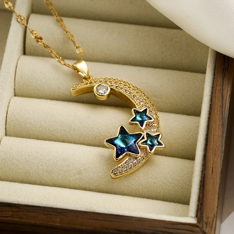 Crescent Moon Pendant Necklace Gold Plated Copper With Zircon Star Crystal Chic Jewelry For Women