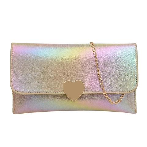 Pochette a Busta Iridescente con Fibbia a Cuore Donna Catena Dorata Borsa a Tracolla in Ecopelle per Sera